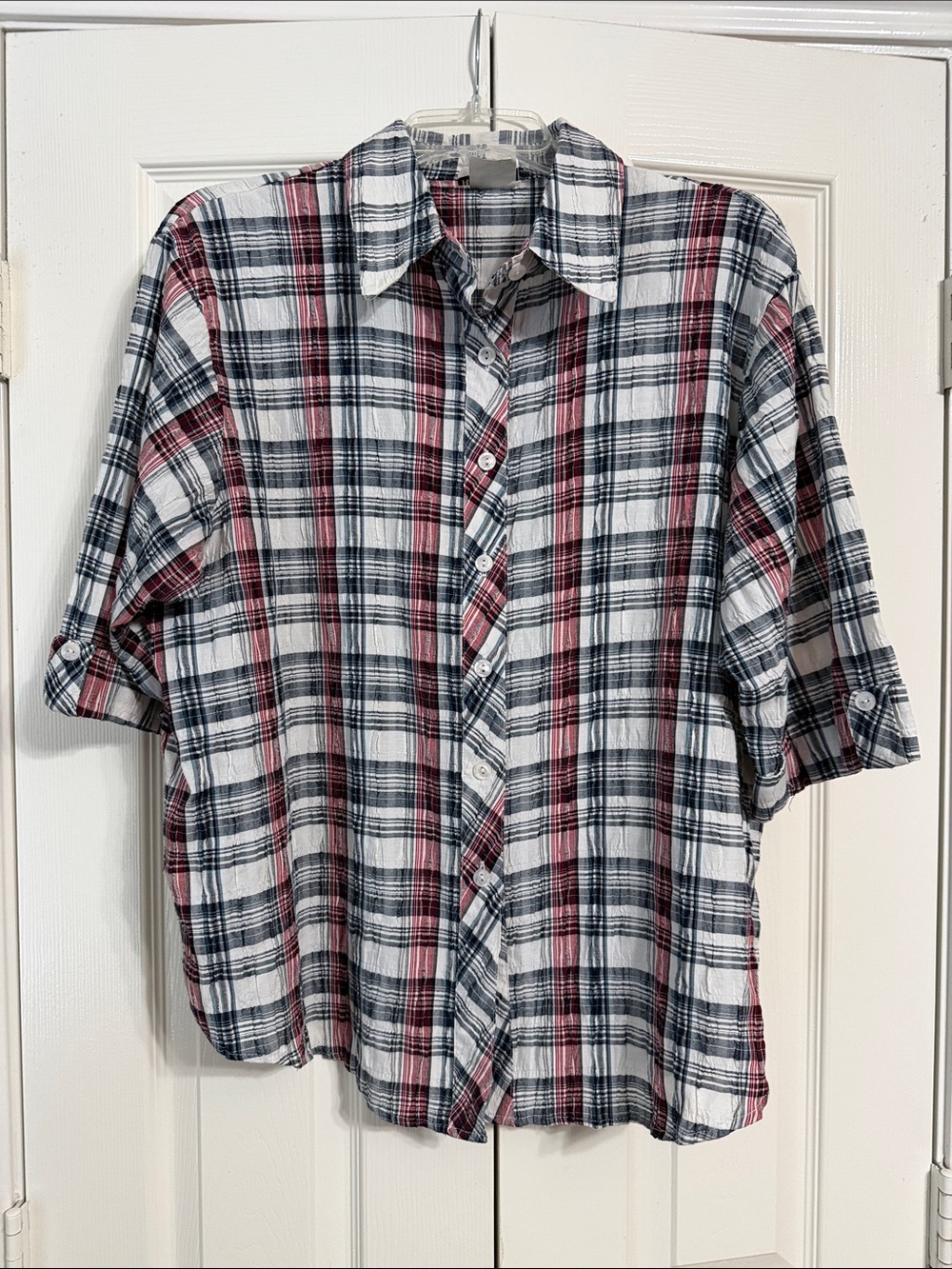 BonWorth Size LP Large Petite Short-Sleeve Plaid Blouse - White, Navy, Red